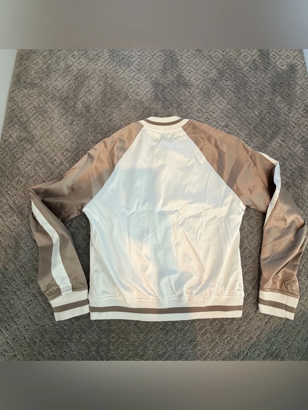 Classic Satin Bomber Jacket Beige Ivory Sz M Y2K Streetwear Festival Minimalist